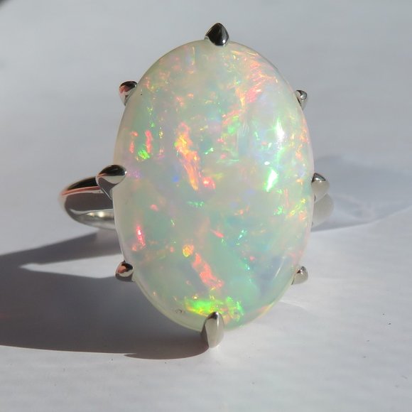 Natural Large Precious Opal In Solid 14K White Gold Cocktail Ring Size 8 - Picture 7 of 17
